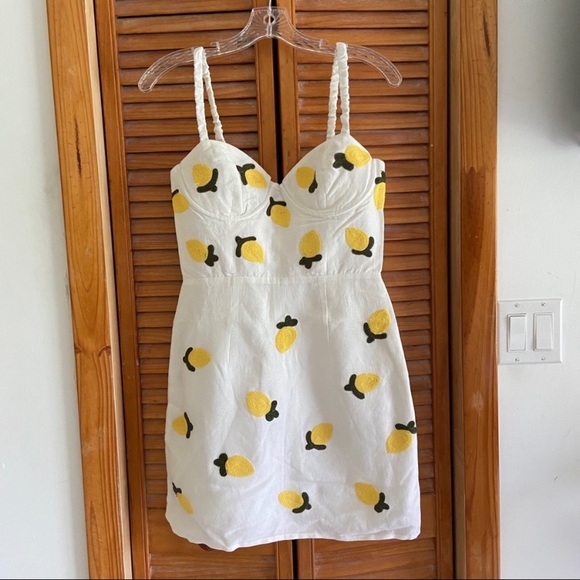 NEW Anthropologie Red Carter Linen Lemon Embroidered Mini Dress - Picture 2 of 16